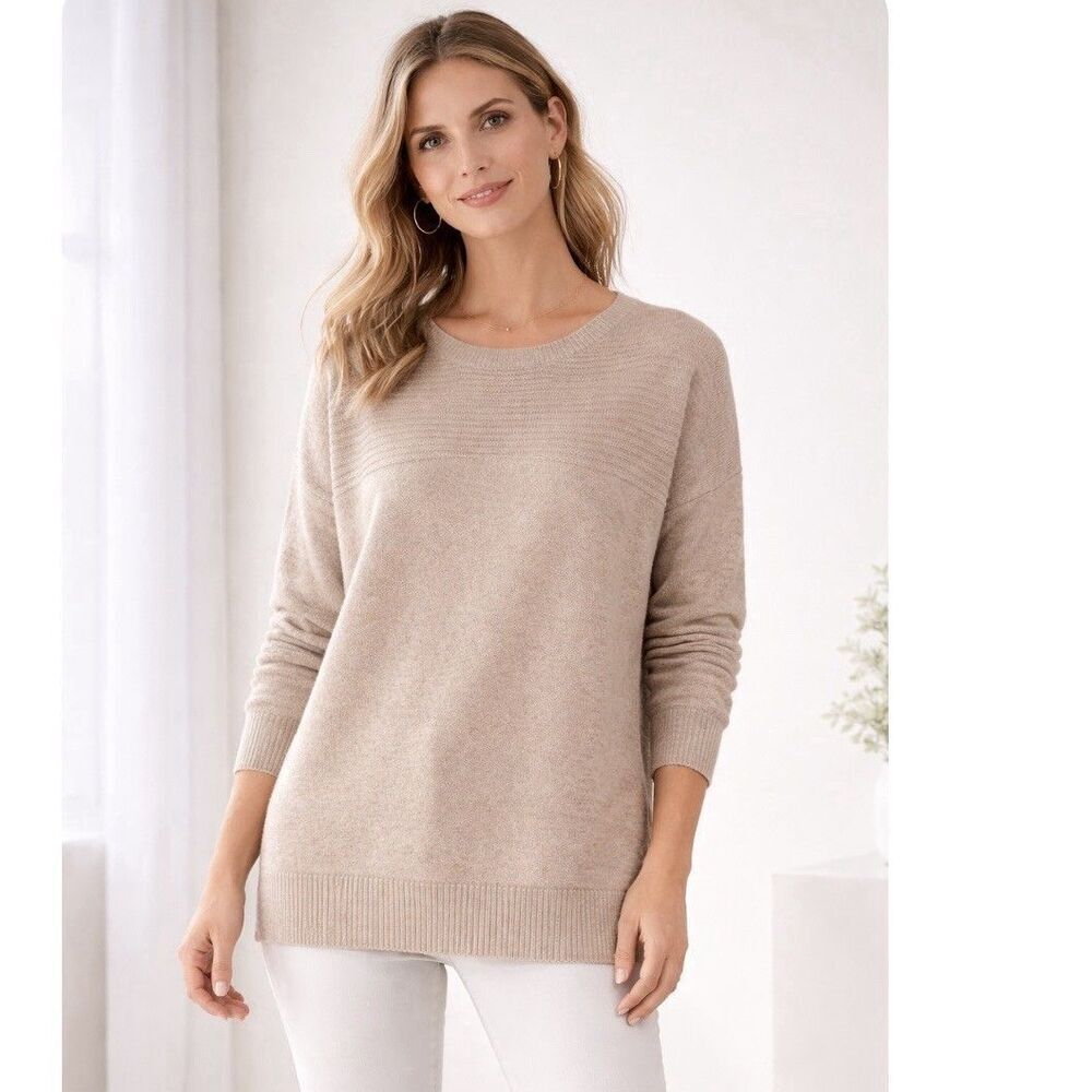 J Jill Petite Large Cotton Blend Sweater Soft Camel Heather NEW Neutral Knit Top